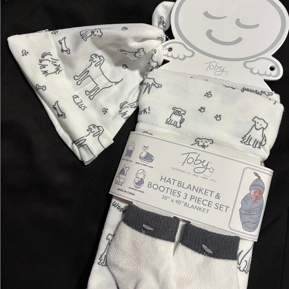 White and Gray Hat, Blanket & Booties 3 Piece Set